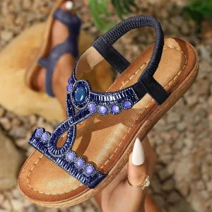 Women's Sandals Comfortable Rhinestone Thong Flat Sandals Summer Open Toe Elastic Ankle Strap Roman Slides Dress Shoes