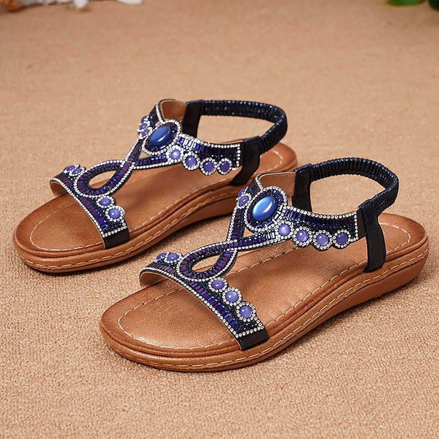 Women's Sandals Comfortable Rhinestone Thong Flat Sandals Summer Open Toe Elastic Ankle Strap Roman Slides Dress Shoes