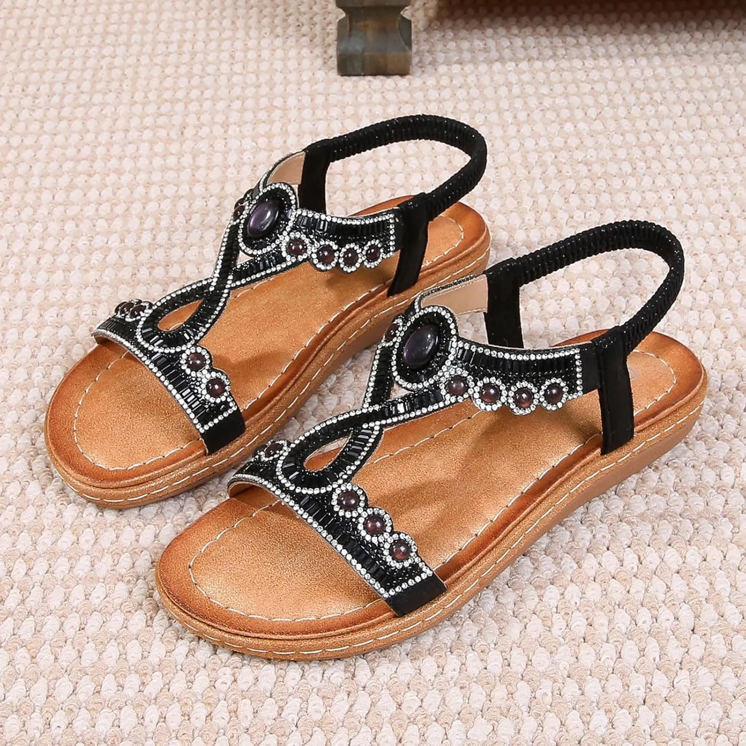 Women's Sandals Comfortable Rhinestone Thong Flat Sandals Summer Open Toe Elastic Ankle Strap Roman Slides Dress Shoes