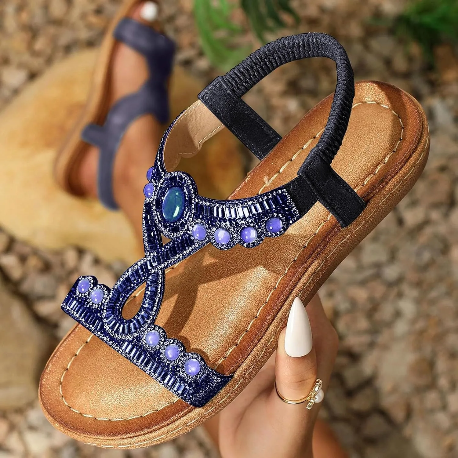 Women's Sandals Comfortable Rhinestone Thong Flat Sandals Summer Open Toe Elastic Ankle Strap Roman Slides Dress Shoes