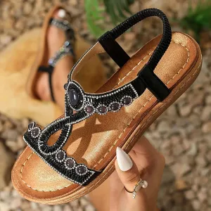 Women's Sandals Comfortable Rhinestone Thong Flat Sandals Summer Open Toe Elastic Ankle Strap Roman Slides Dress Shoes