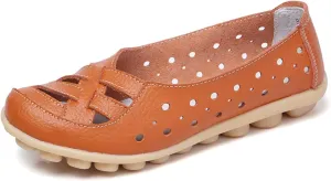 Womens Sandals Fashion Flats Closed Toe Sandals Lightweight Breathable Hollow Out Sandal Comfortable Leather Loafers Cross Walking Flat Shoes Summer Slip-On Shoes