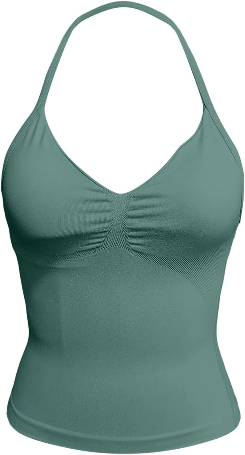 Women's Seamless Sports Halter Tops Deep V Neck Padded Sports Yoga Crop Cami Racer Back Slim Fit Elastic Vest