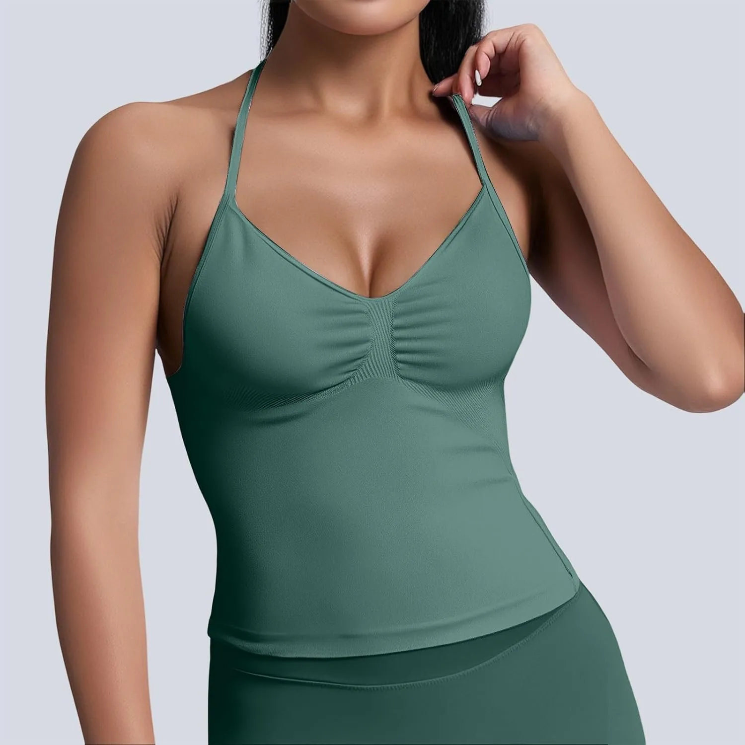 Women's Seamless Sports Halter Tops Deep V Neck Padded Sports Yoga Crop Cami Racer Back Slim Fit Elastic Vest