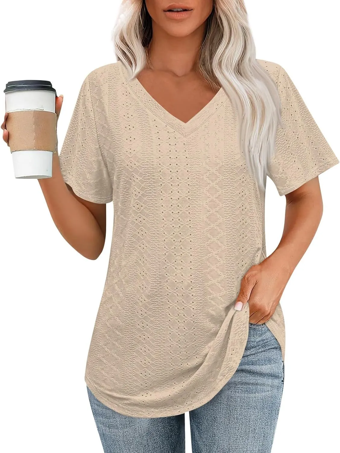 Womens Shirts V Neck Short Sleeve Casual Summer Tops Loose Fit Basic Tees with Curved Hem Trendy 2025
