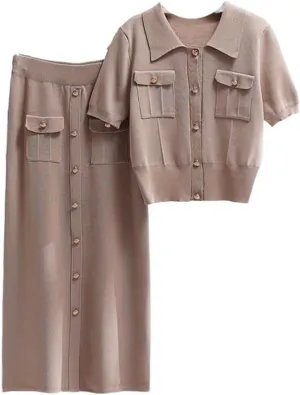 Women's Short Sleeve Sweater Skirt Knit 2-Piece Set