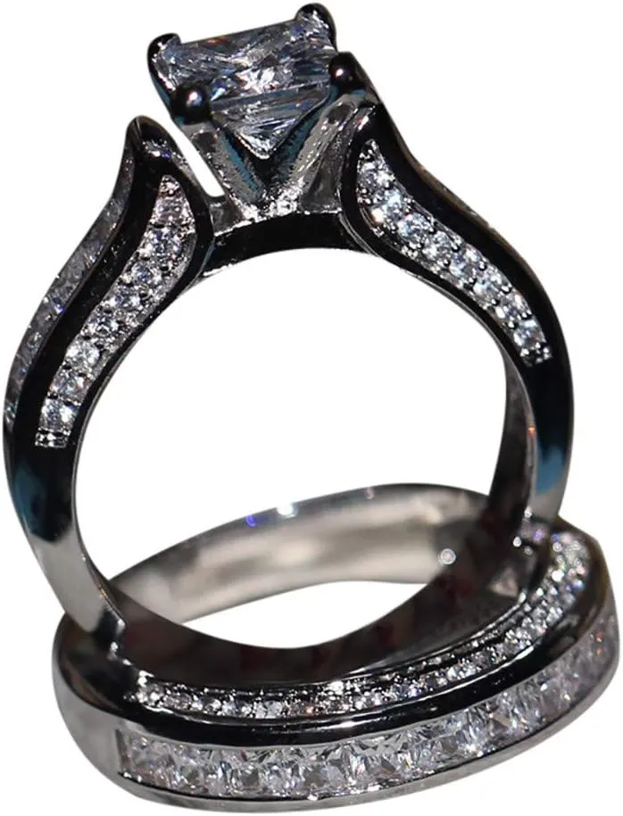 Women's Simulation Round Cut Diamond Silver Engagement Wedding Ring Set Stackable Rings for Women Valentine's Day