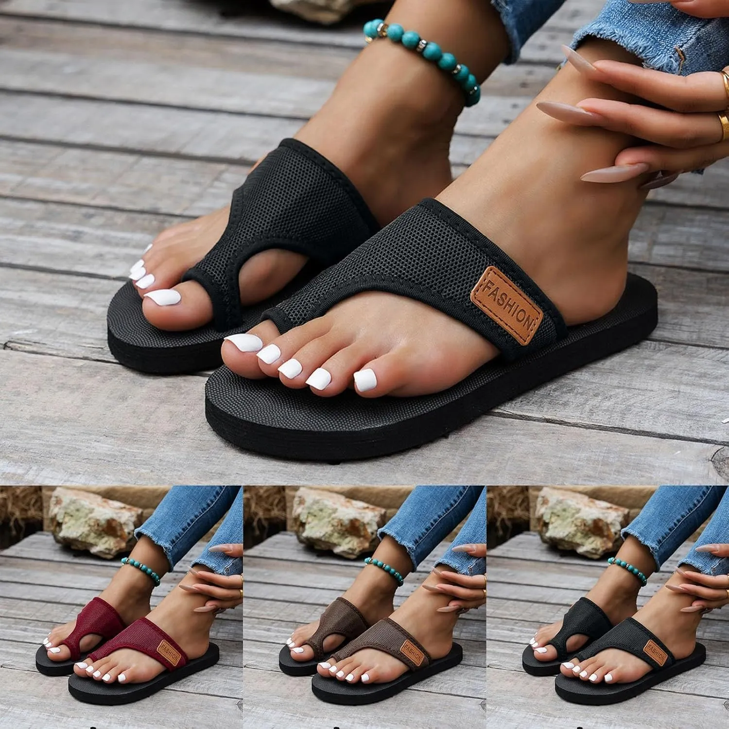 Womens Slide Sandals with Arch Support Breathable Mesh Hollow with Toe Loop Summer Casual Flats Slippers Orthotic Orthopedic Lightweight Comfortable Athletic Plantar Fasciitis Sandal Flip Flops