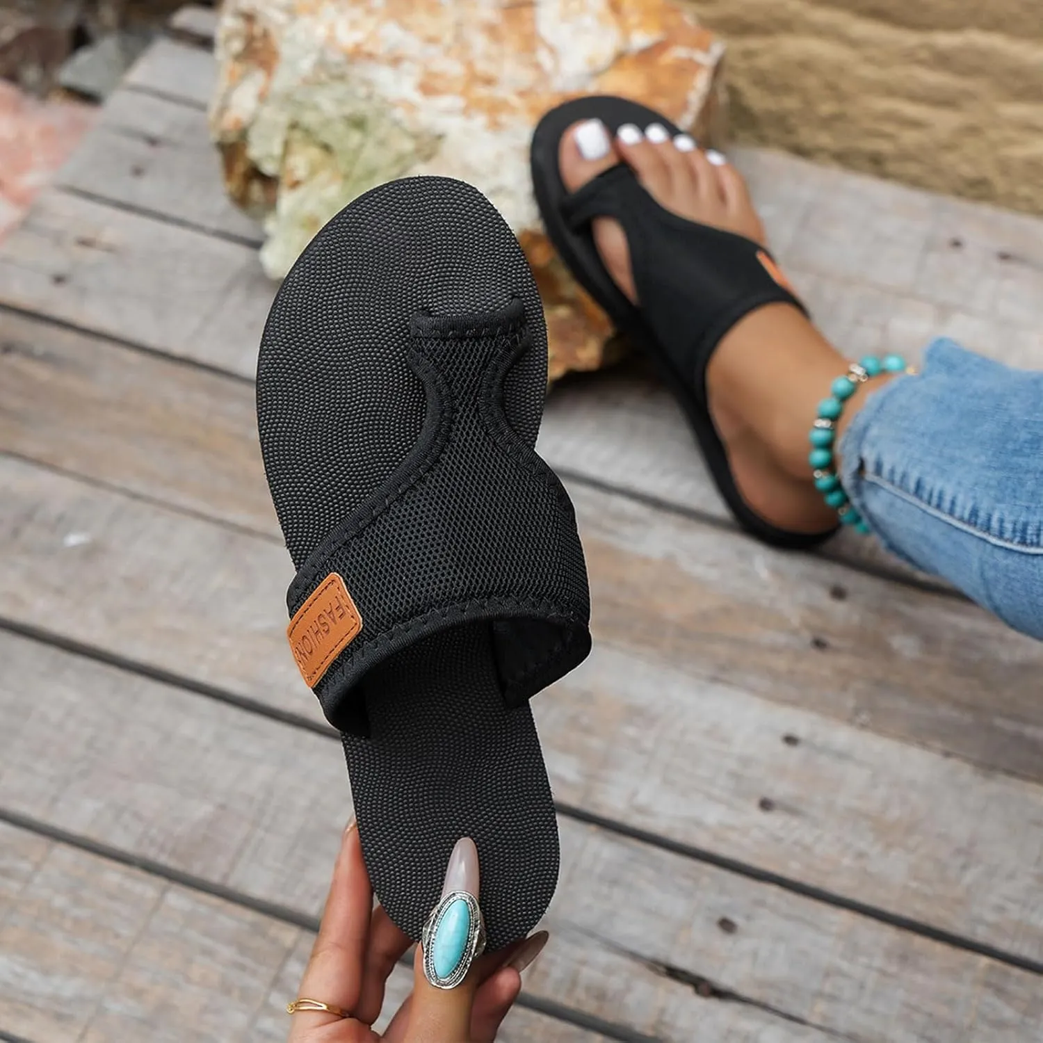 Womens Slide Sandals with Arch Support Breathable Mesh Hollow with Toe Loop Summer Casual Flats Slippers Orthotic Orthopedic Lightweight Comfortable Athletic Plantar Fasciitis Sandal Flip Flops