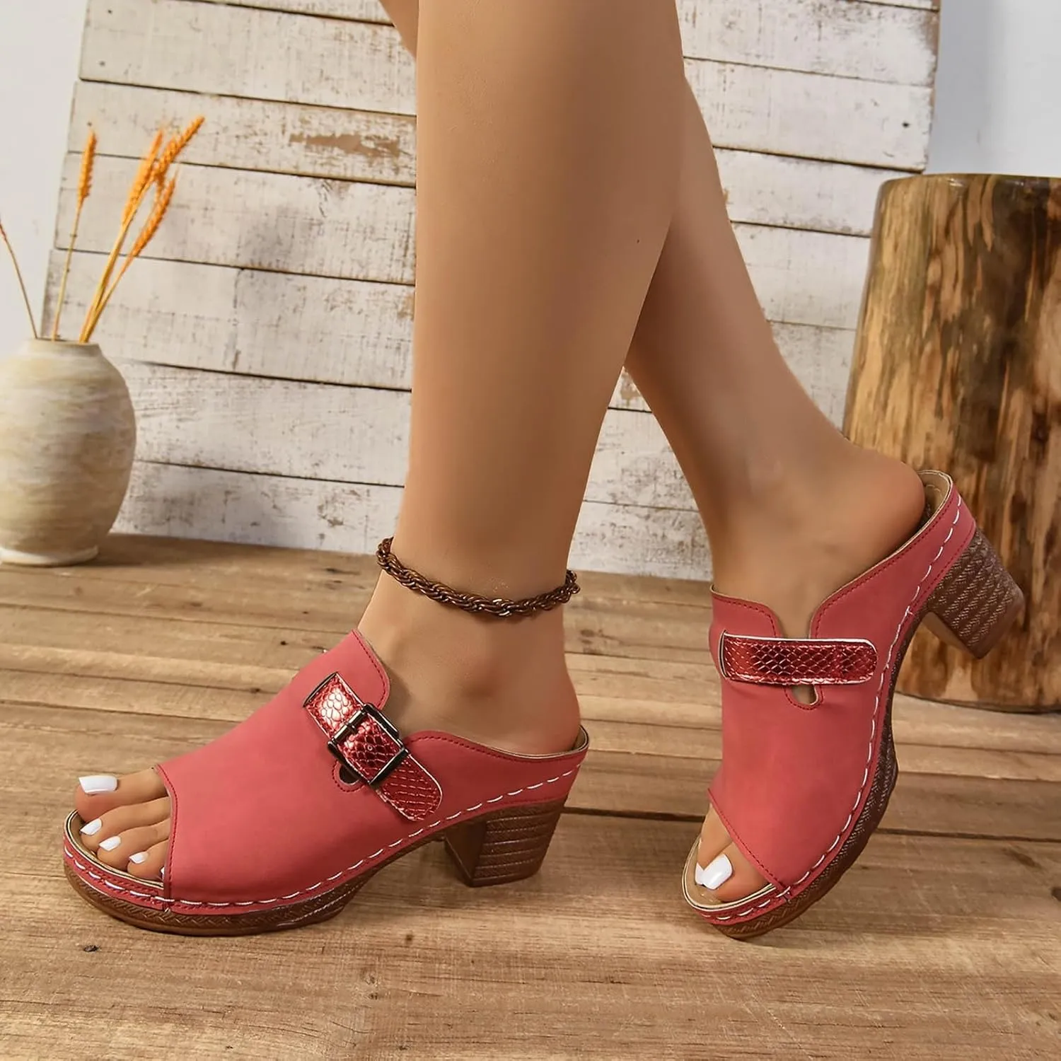Women's Summer Sandals Comfortable Square Open Toe Heels Sandals Orthopedic Sandal with Arch Support Dressy Casual Mules Fashion Slip On Shoes Breathable Open Back Shoes