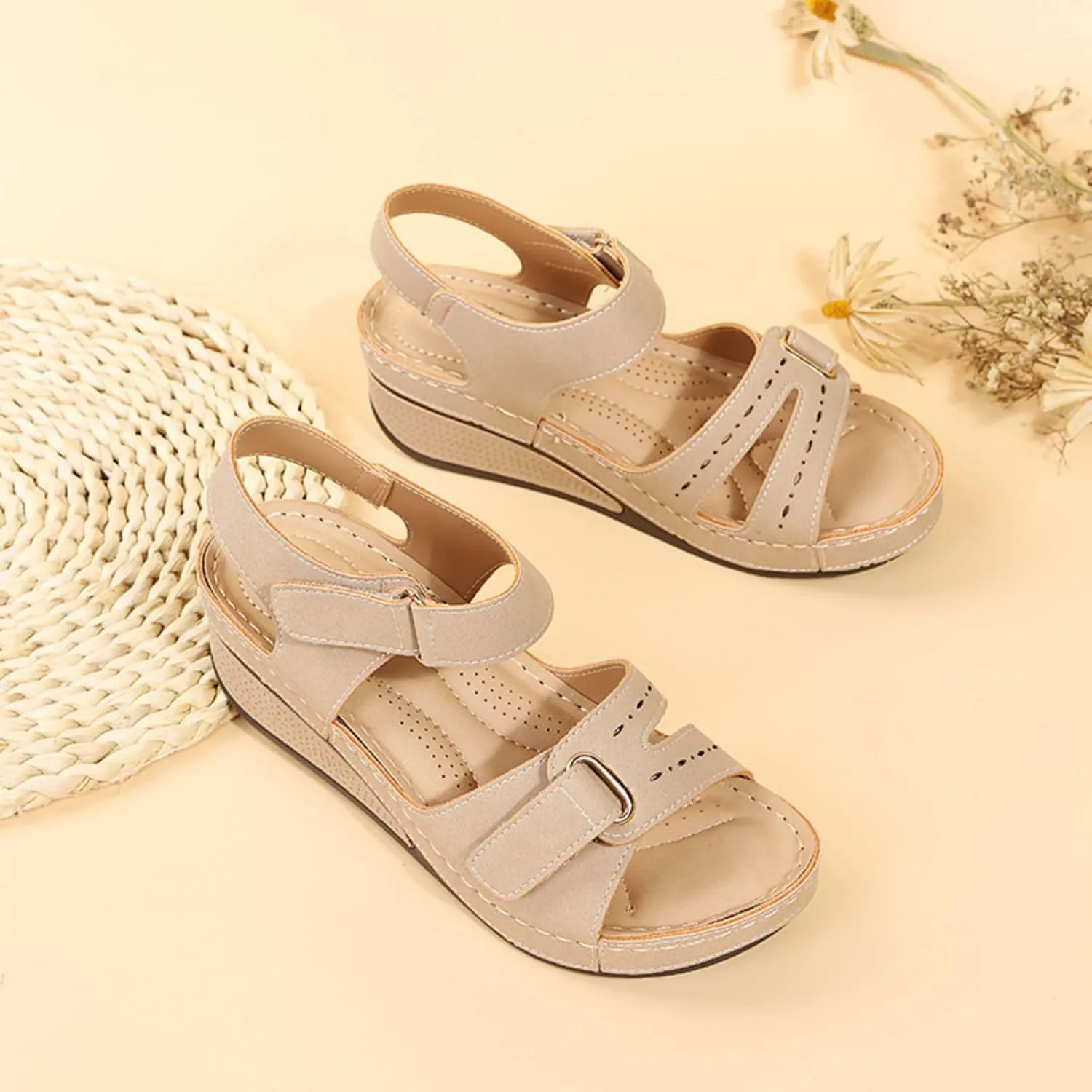 Womens Summer Sandals with Arch Support Comfort Wear Orthowear Shoes Wide Width Open Toe Flats Orthopedic Shoes Lightweight Breathable Roman Style Sandals for Vacation Beach Walking Casual Shoe