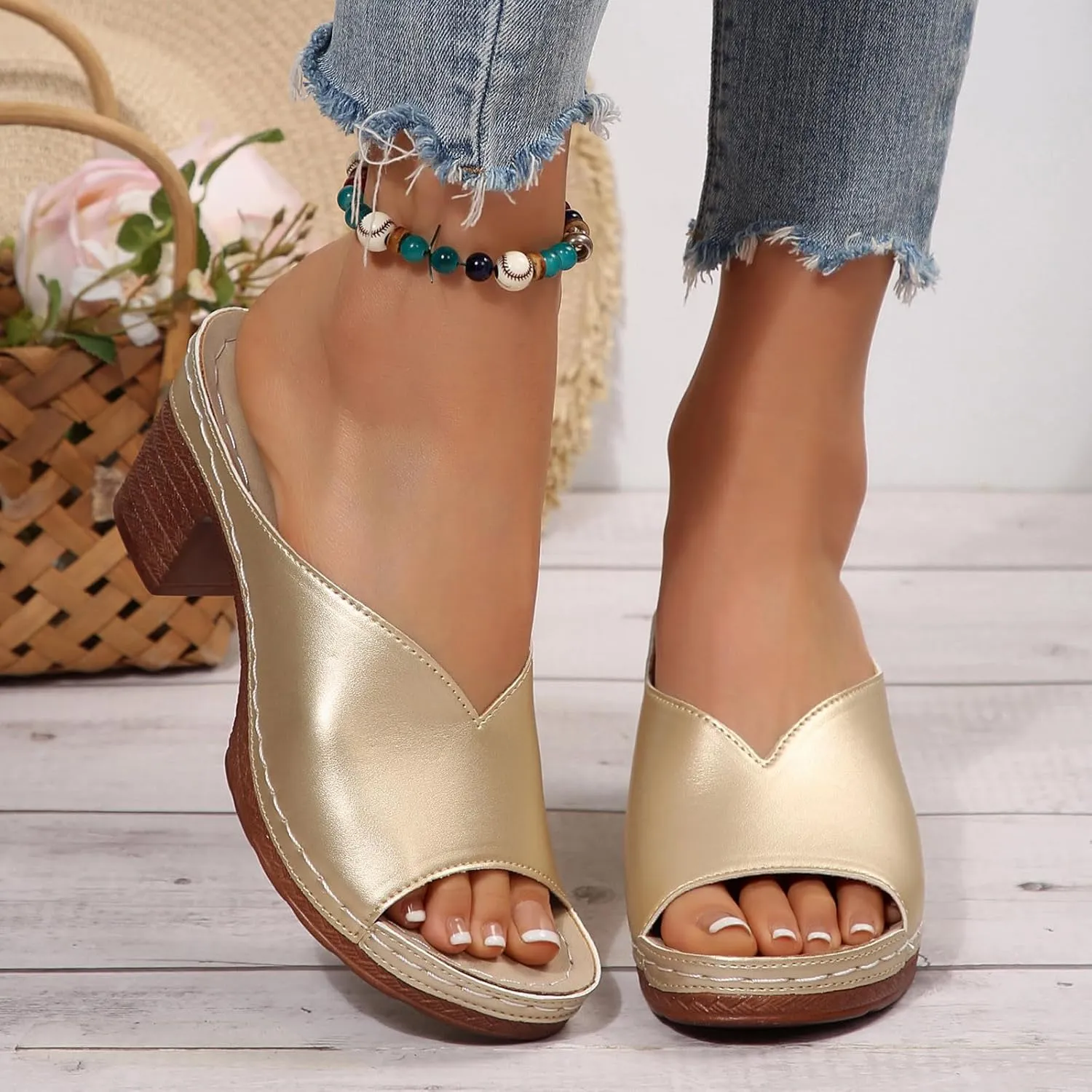 Women's Summer Square High Heel Open Toe Slip On Sandals Breathable Comfortable Casual Yoga Walking Shoes