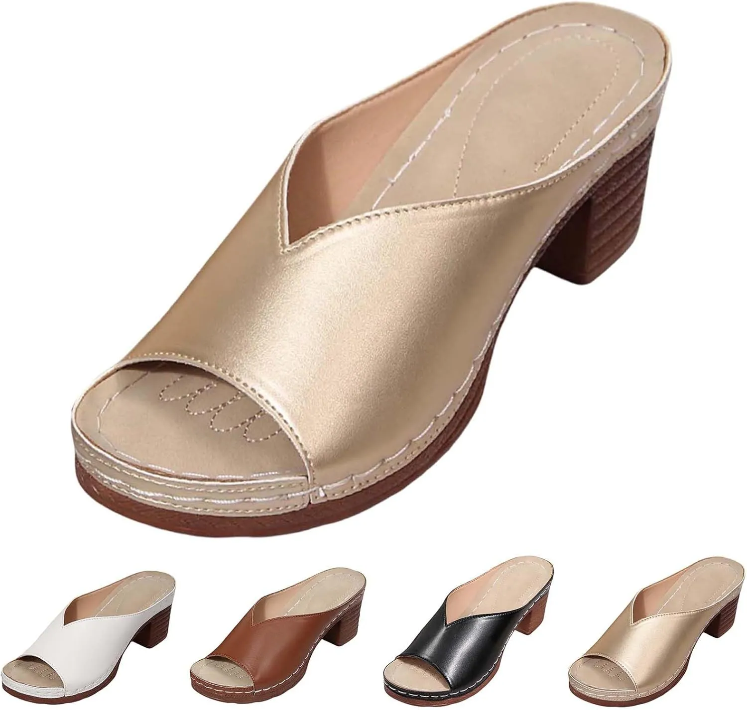 Women's Summer Square High Heel Open Toe Slip On Sandals Breathable Comfortable Casual Yoga Walking Shoes