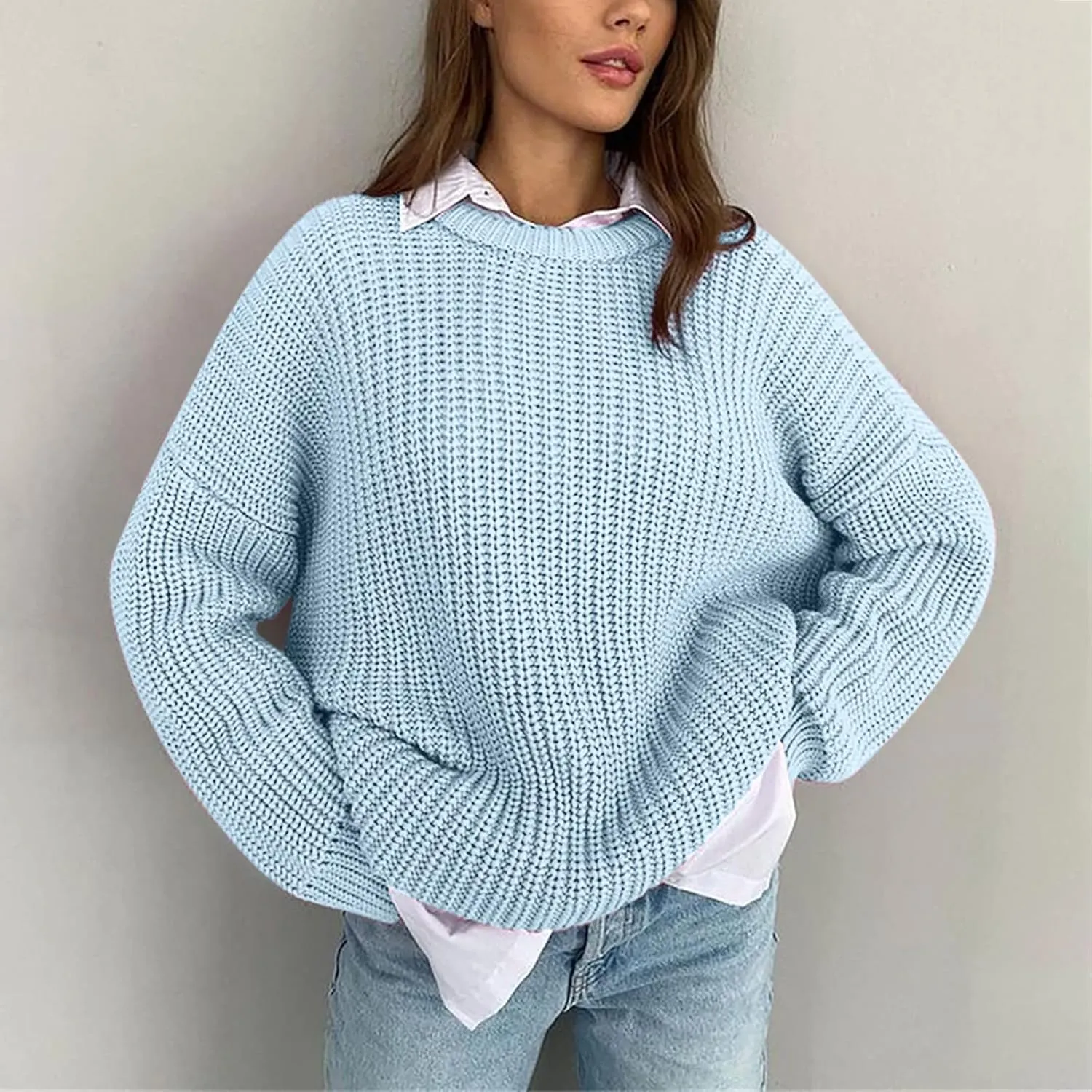 Womens Sweater Fall 2023 Oversized Chunky Knitted Pullover Sweater Casual Long Sleeve Crewneck Sweaters Thick Tops
