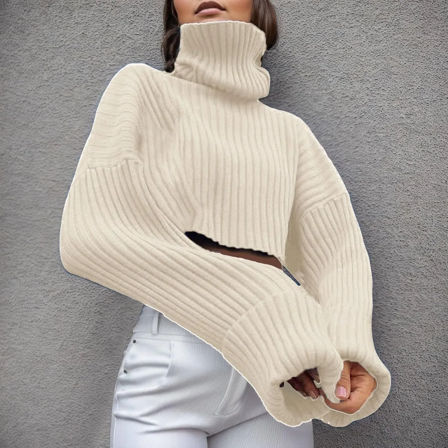 Womens Sweaters Chunky Knit Solid Color Crewneck Long Sleeve Loose Fit Casual Soft Pullover Tops