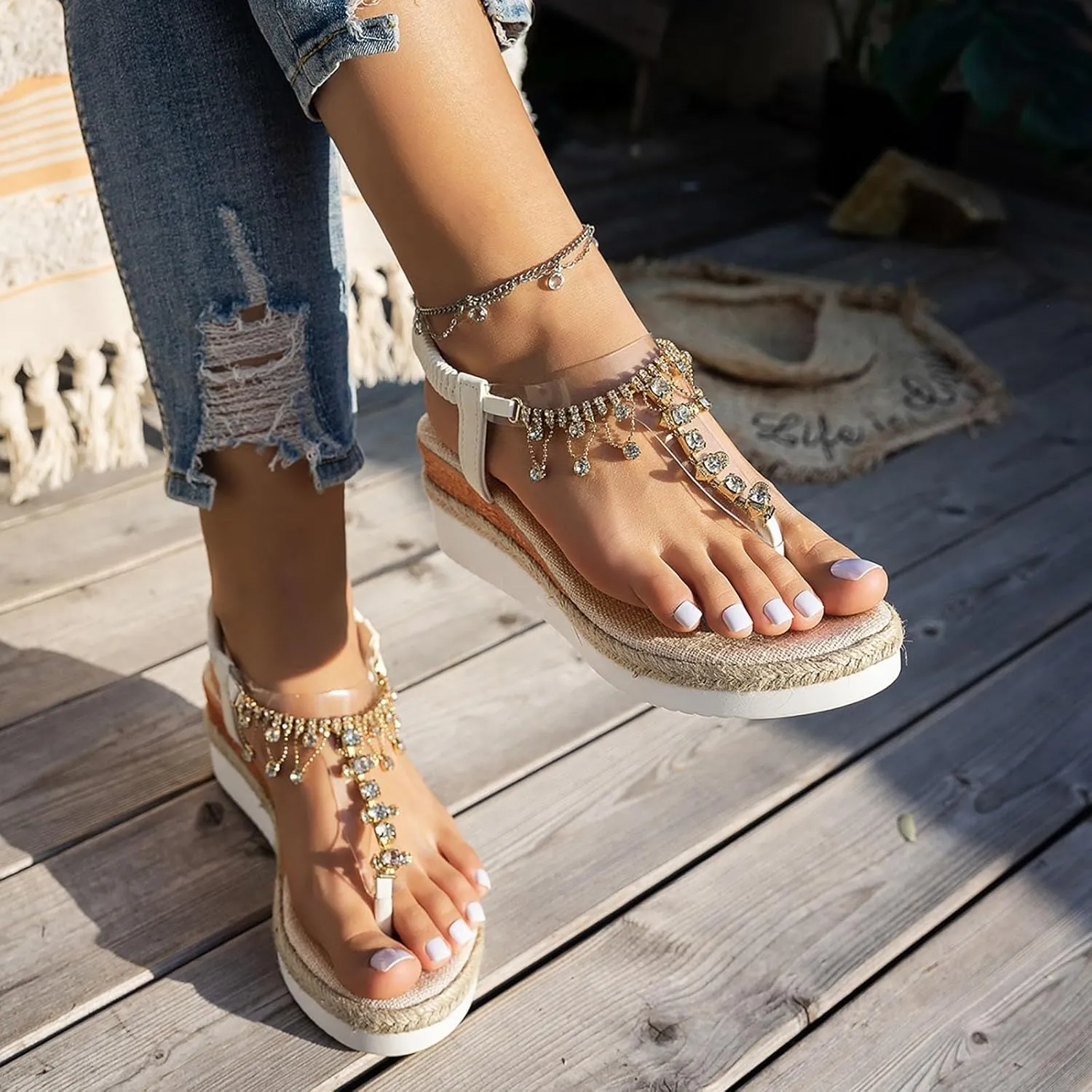 Women's T-Strap Rhinestone Platform Wedge Sandals Summer Wide Width Espadrilles Low Wedges Comfortable Open Toe Elastic Ankle Strap Sandals Beach Vacation Non Slip Walking Shoes