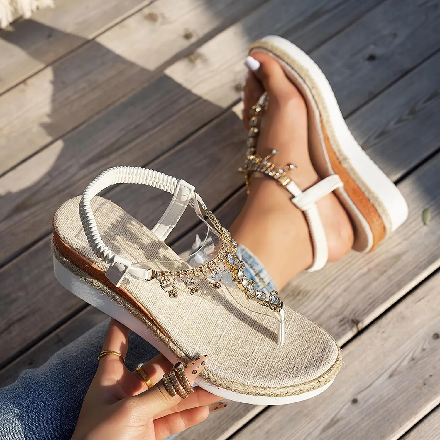 Women's T-Strap Rhinestone Platform Wedge Sandals Summer Wide Width Espadrilles Low Wedges Comfortable Open Toe Elastic Ankle Strap Sandals Beach Vacation Non Slip Walking Shoes