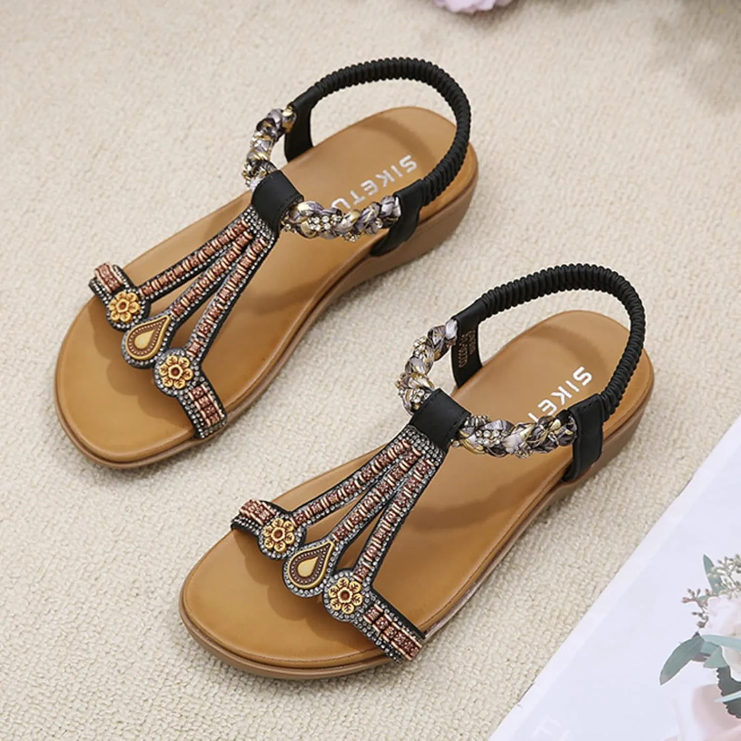 Womens T-Strap Sandals Low Wedge Sandals for Women 2025 Open Toe Shoes Beaded Flats Wide Width Comfortable Vacation Sandal Lightweight Walking Shoes Breathable Footwear Dressy Bohemian Sandal