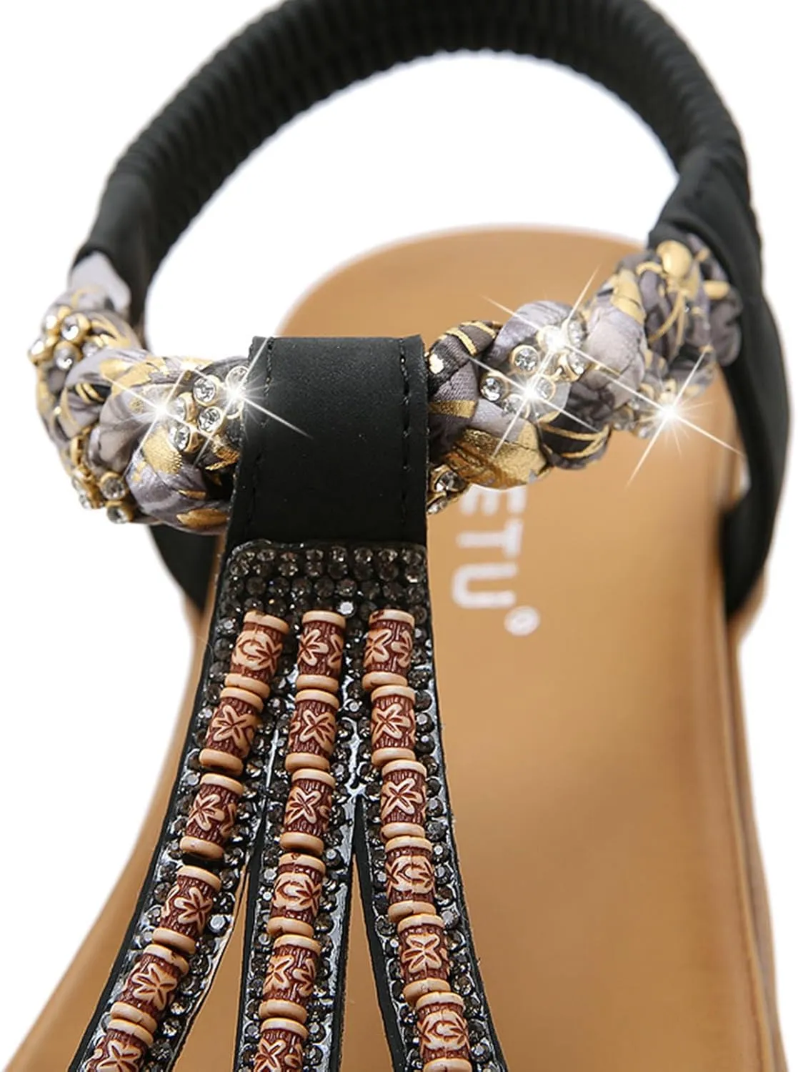 Womens T-Strap Sandals Low Wedge Sandals for Women 2025 Open Toe Shoes Beaded Flats Wide Width Comfortable Vacation Sandal Lightweight Walking Shoes Breathable Footwear Dressy Bohemian Sandal
