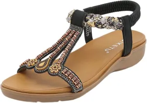 Womens T-Strap Sandals Low Wedge Sandals for Women 2025 Open Toe Shoes Beaded Flats Wide Width Comfortable Vacation Sandal Lightweight Walking Shoes Breathable Footwear Dressy Bohemian Sandal