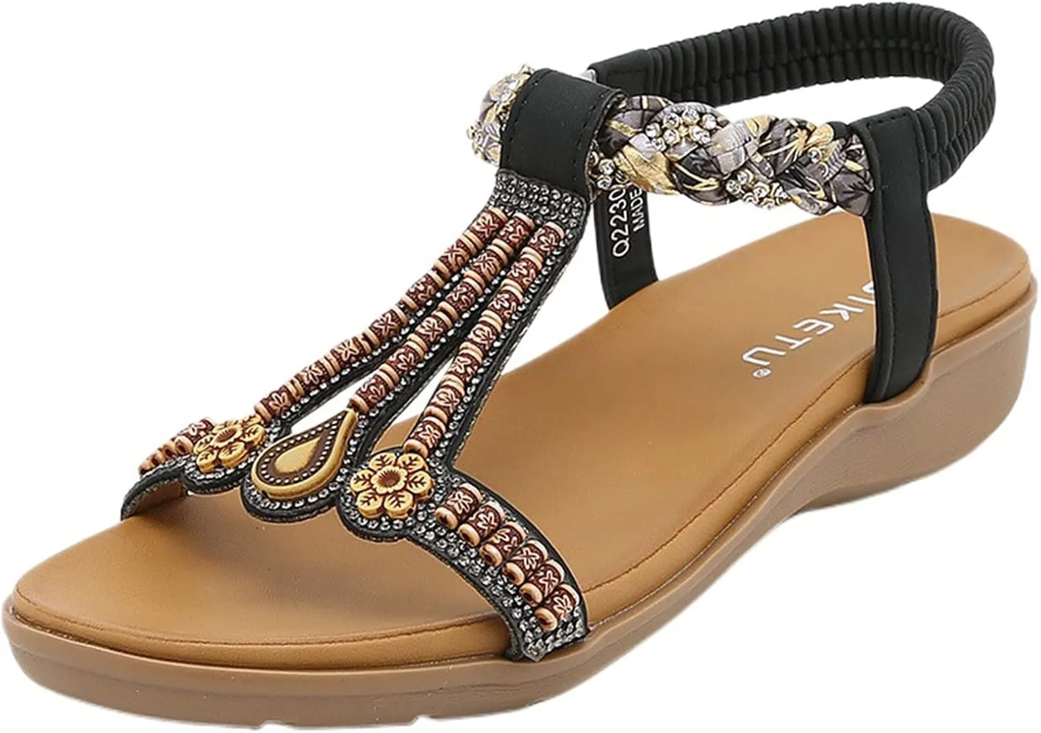 Womens T-Strap Sandals Low Wedge Sandals for Women 2025 Open Toe Shoes Beaded Flats Wide Width Comfortable Vacation Sandal Lightweight Walking Shoes Breathable Footwear Dressy Bohemian Sandal