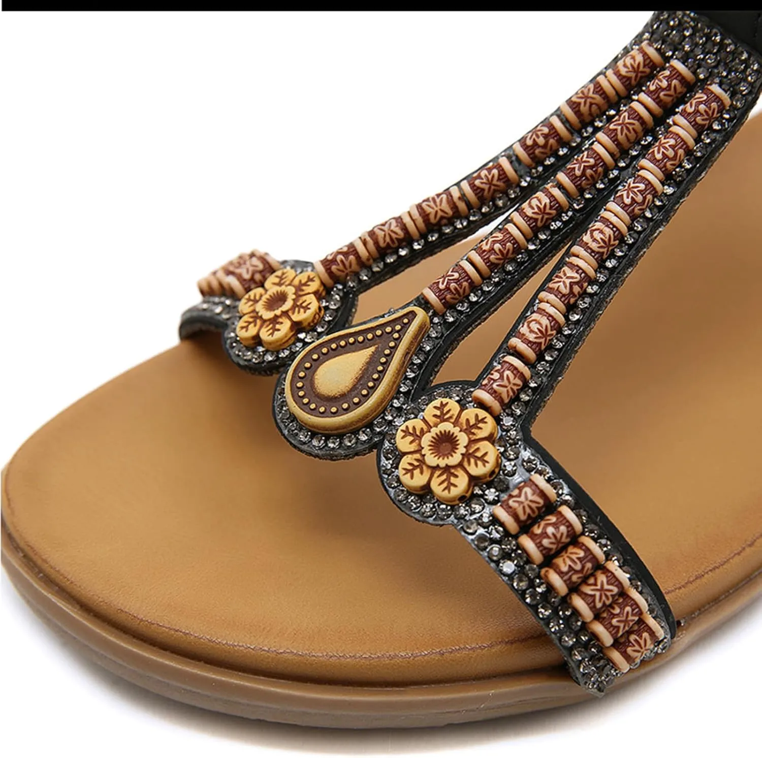 Womens T-Strap Sandals Low Wedge Sandals for Women 2025 Open Toe Shoes Beaded Flats Wide Width Comfortable Vacation Sandal Lightweight Walking Shoes Breathable Footwear Dressy Bohemian Sandal
