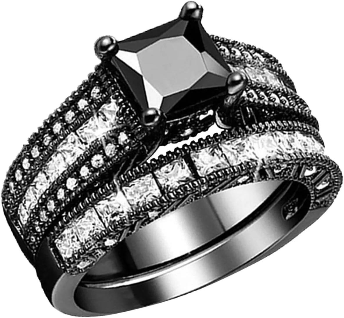 Womens Two in One Ring Set Elegant Engagement Rings Square Cut Solitaire Inlaid Zircon Bridal Wedding Band (Black, 7)