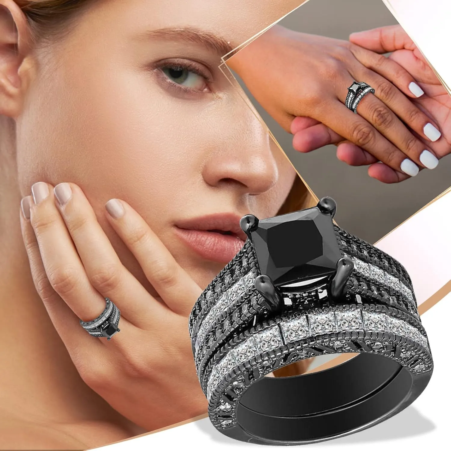 Womens Two in One Ring Set Elegant Engagement Rings Square Cut Solitaire Inlaid Zircon Bridal Wedding Band (Black, 7)