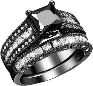 Womens Two in One Ring Set Elegant Engagement Rings Square Cut Solitaire Inlaid Zircon Bridal Wedding Band (Black, 7)