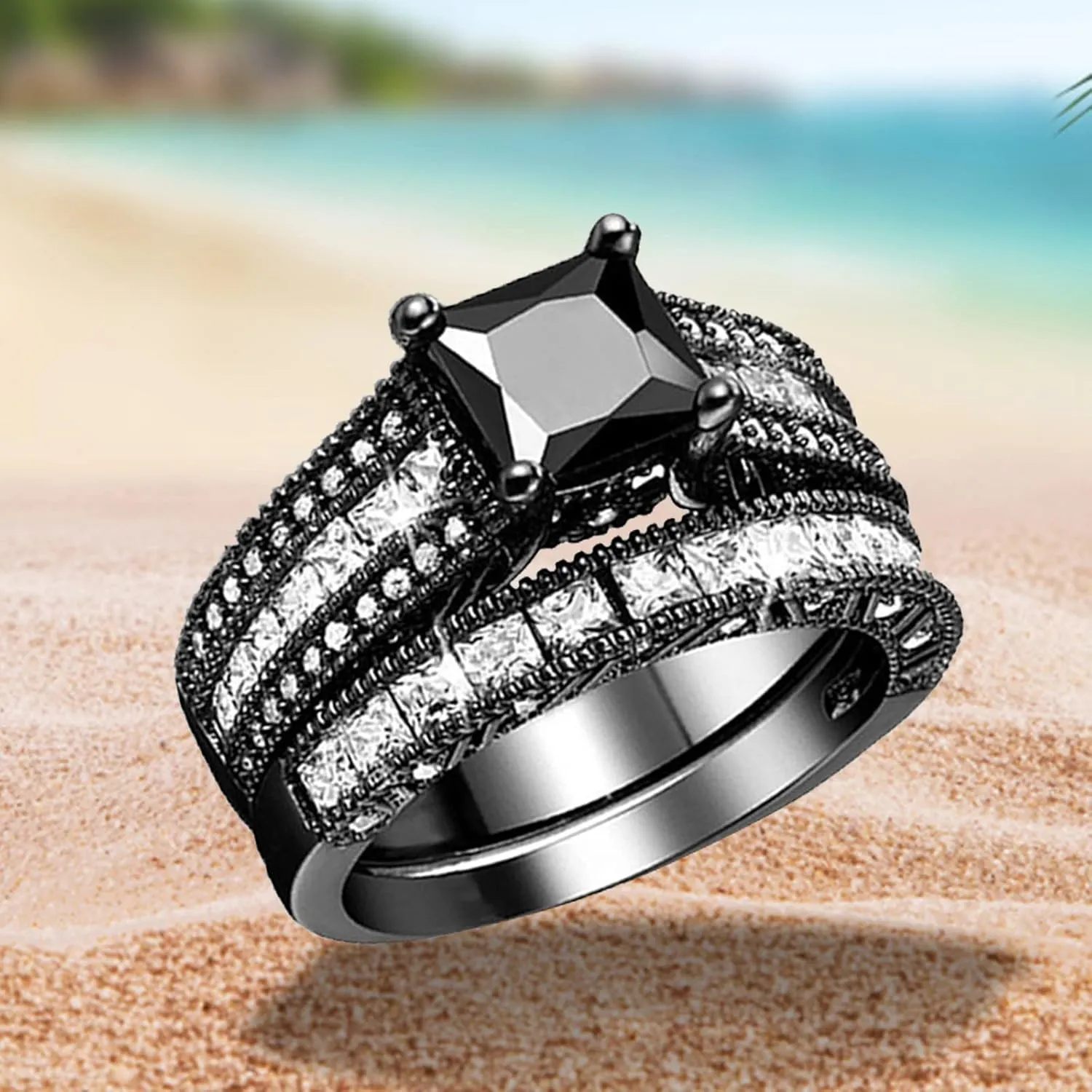 Womens Two in One Ring Set Elegant Engagement Rings Square Cut Solitaire Inlaid Zircon Bridal Wedding Band (Black, 7)