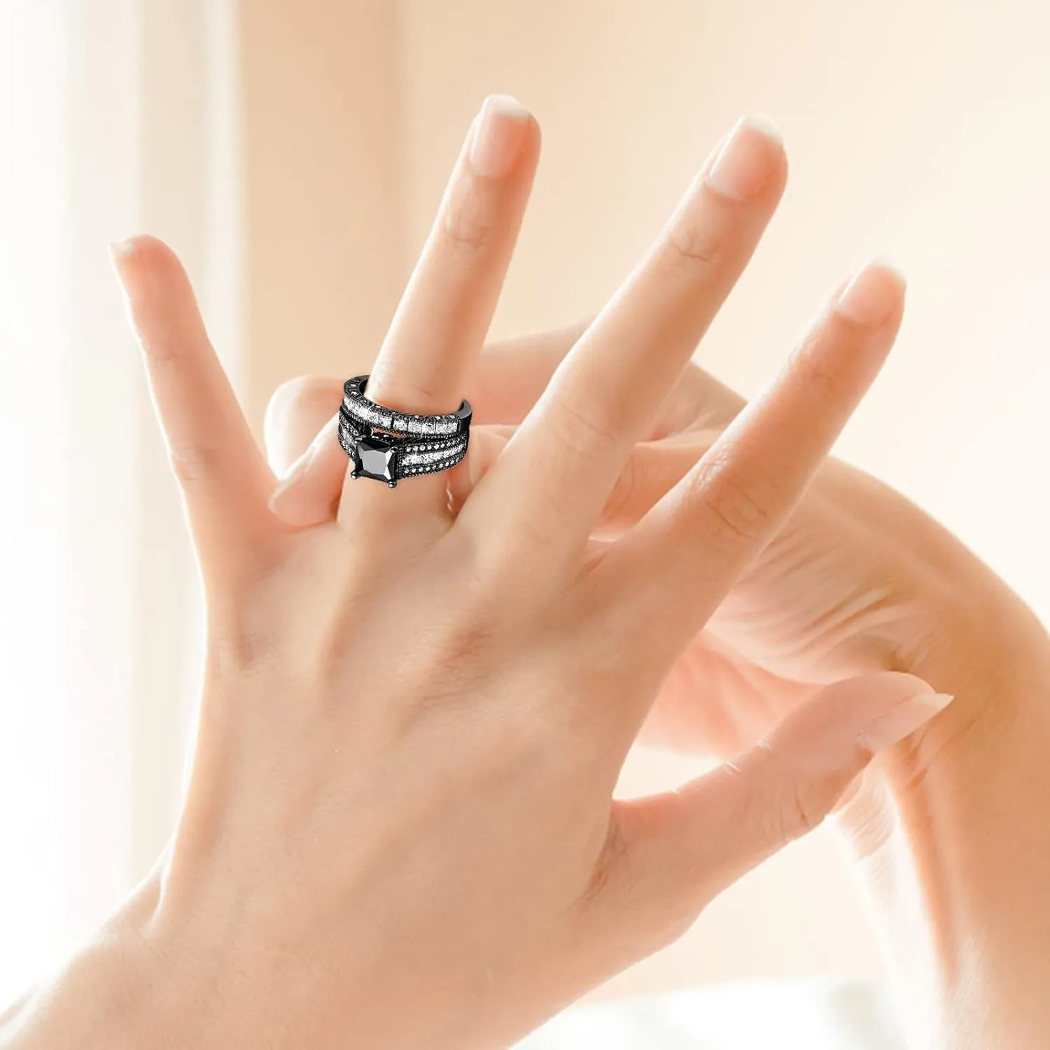 Womens Two in One Ring Set Elegant Engagement Rings Square Cut Solitaire Inlaid Zircon Bridal Wedding Band (Black, 7)