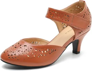 Women's Vintage Mary Janes Shoes Comfortable Oxford Cutout Low Kitten Heels Closed Toe Dressy Office Work Pumps