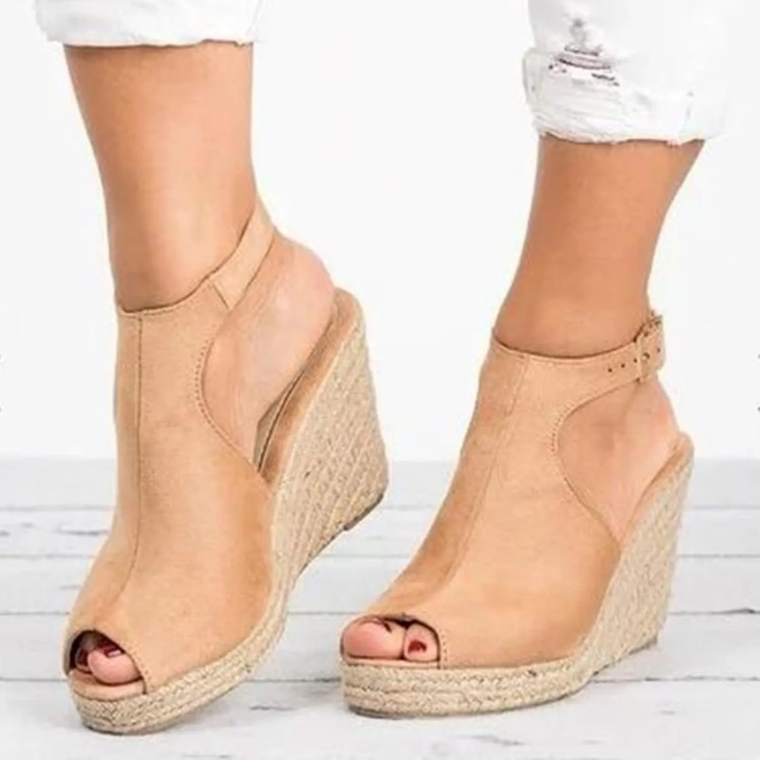 Women's Wedge Espadrille Sandals Peep Open Toe Ankle Strap Platform Dressy Casual Sandals Fashion Comfortable High Heeled Wedges Concise Summer Dress Shoes with Adjustable Buckle