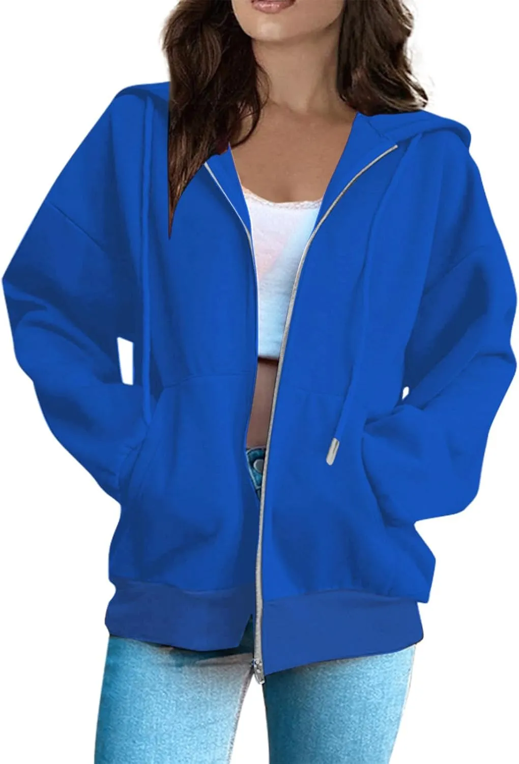 Women's Zip Up Hoodie Long Sleeve Oversized Sweatshirt Fall Lightweight Jacket Pockets Ladies Sweatshirts for Women