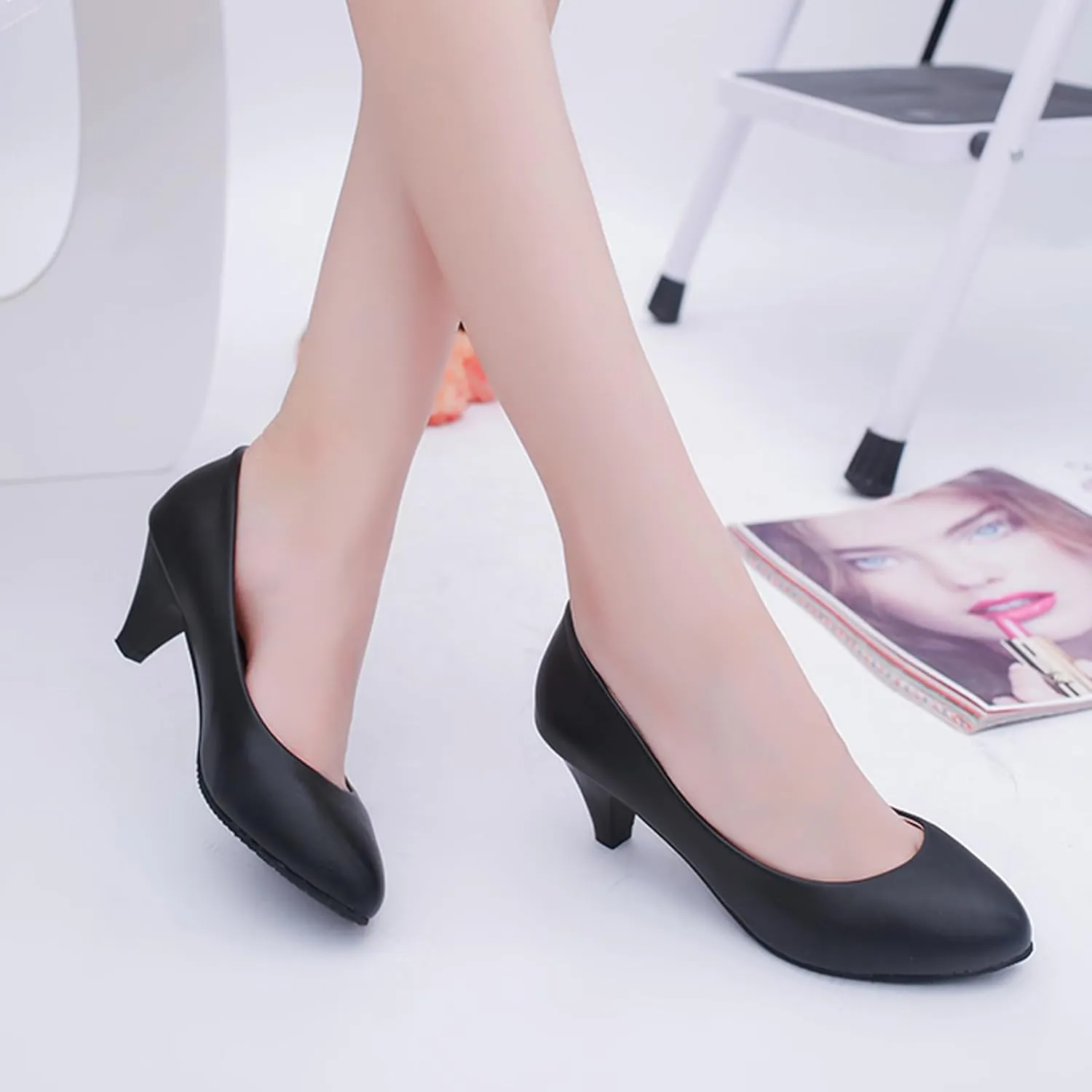 WUIWUIYU Womens Office Kitten Heels Pumps Slip On Evening Dress Work Cute Sexy Pump Shoes