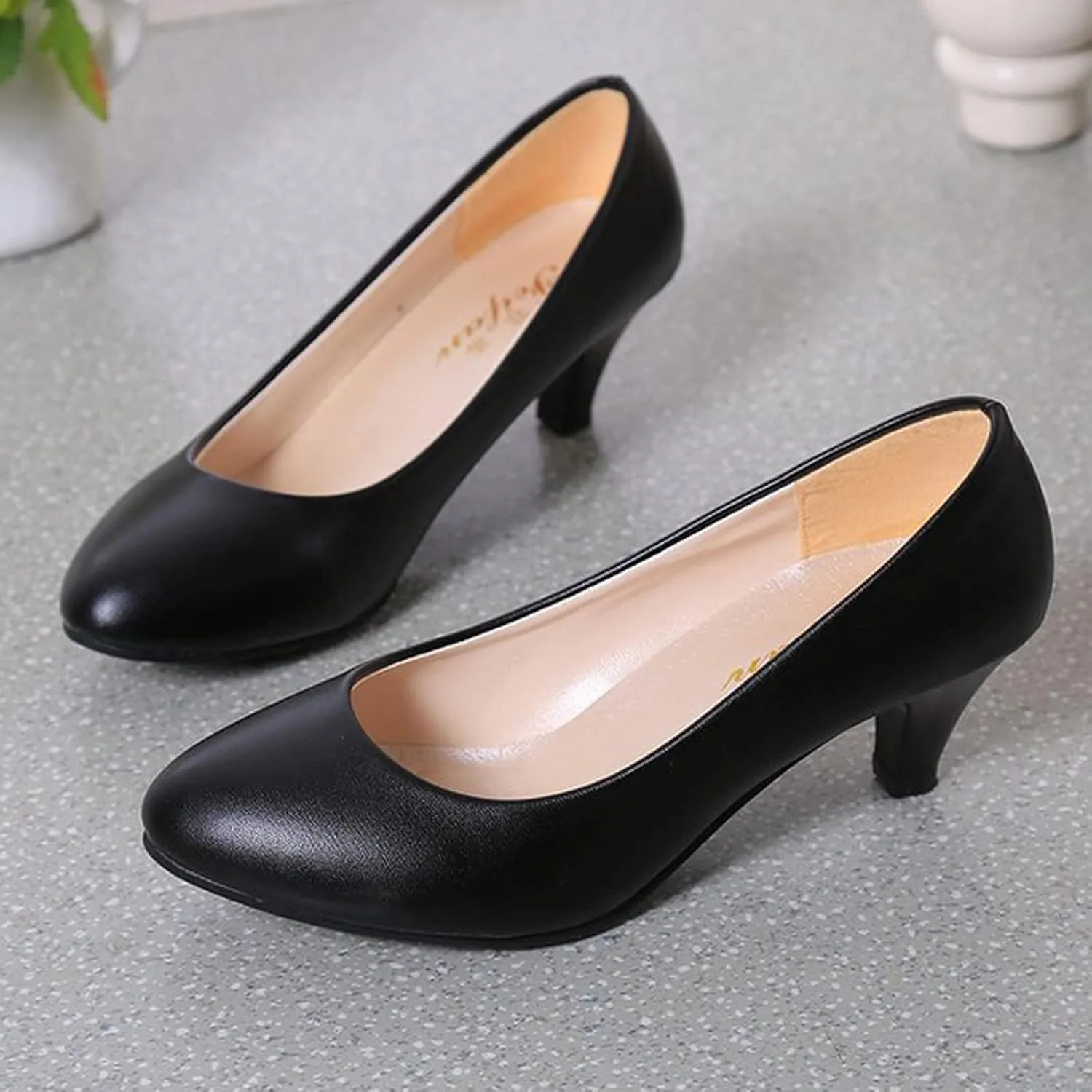 WUIWUIYU Womens Office Kitten Heels Pumps Slip On Evening Dress Work Cute Sexy Pump Shoes