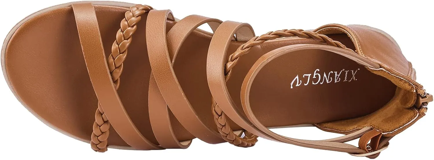 YEOJOU Gladiator Sandals for Women Strappy Leather Flat Sandals Open Toe Ankle Strap Back Zipper Comfortable Dressy Summer Shoes