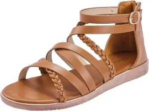 YEOJOU Gladiator Sandals for Women Strappy Leather Flat Sandals Open Toe Ankle Strap Back Zipper Comfortable Dressy Summer Shoes