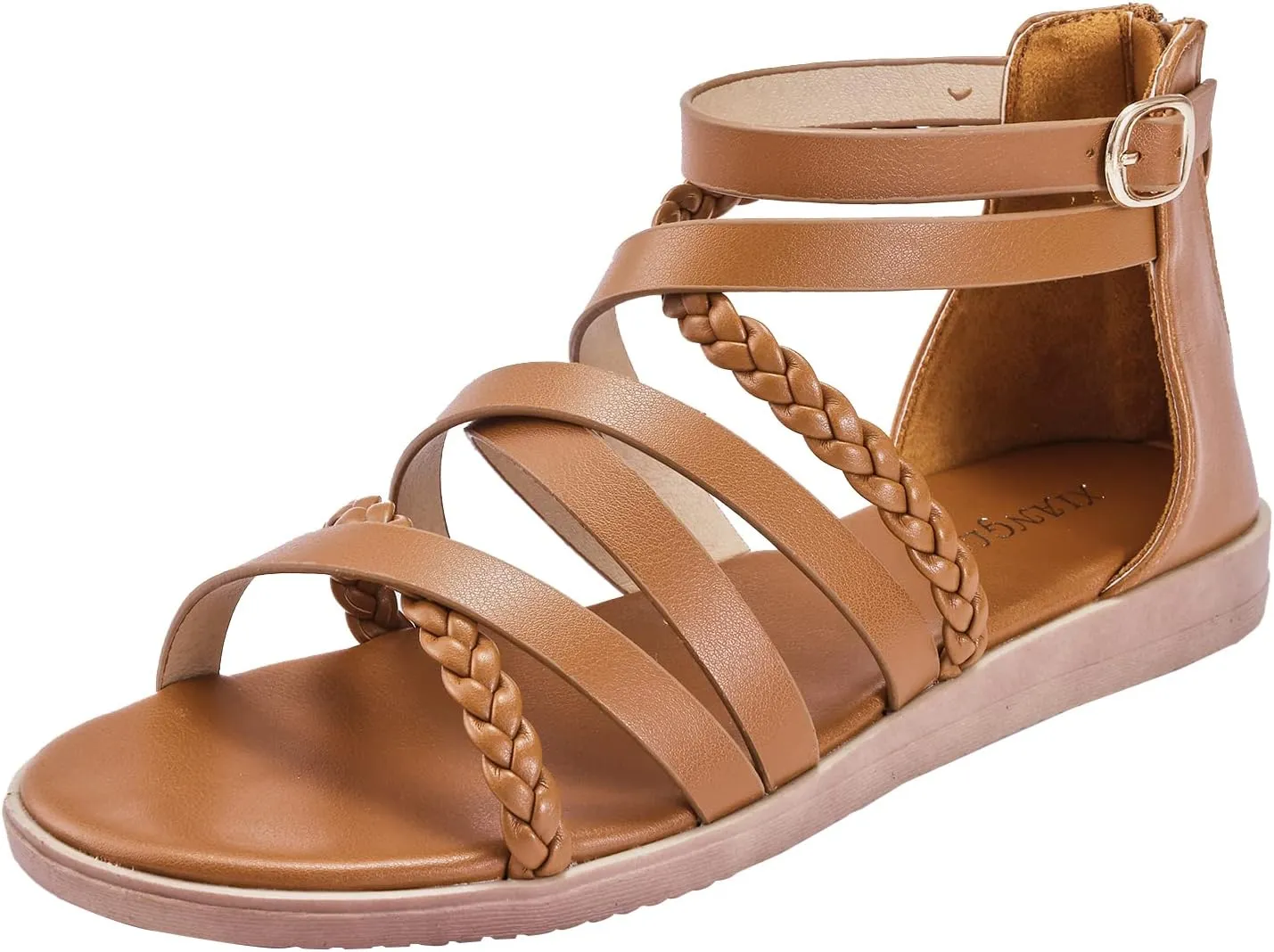 YEOJOU Gladiator Sandals for Women Strappy Leather Flat Sandals Open Toe Ankle Strap Back Zipper Comfortable Dressy Summer Shoes