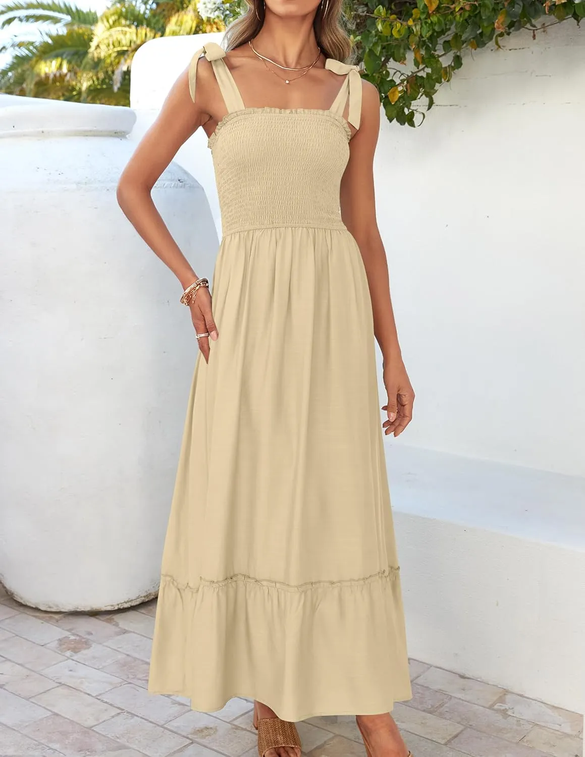 ZESICA Women's 2025 Summer Boho Spaghetti Strap Square Neck Solid Color Ruffle A Line Beach Long Maxi Dress