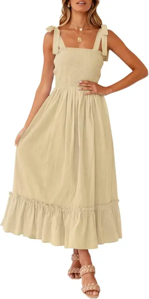 ZESICA Women's 2025 Summer Boho Spaghetti Strap Square Neck Solid Color Ruffle A Line Beach Long Maxi Dress