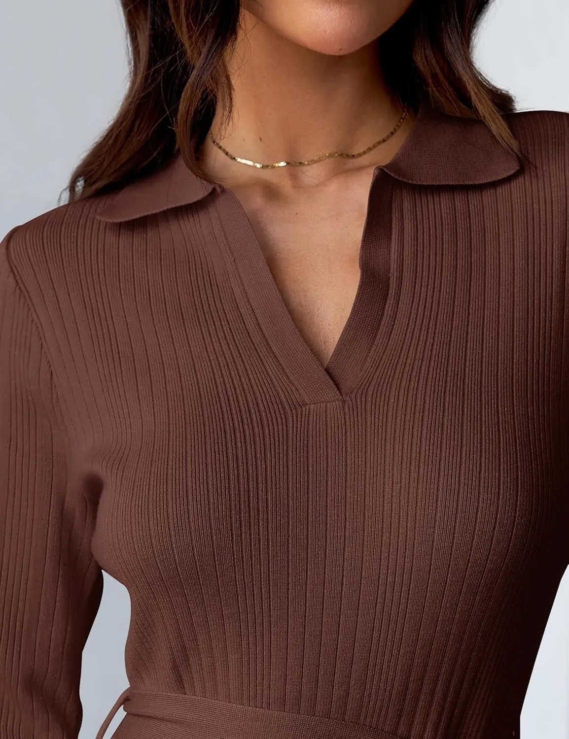 ZESICA Women's Spring Long Sleeve Sweater Dress Lapel V Neck Ribbed Knit Side Slit Bodycon Midi Dresses with Belt