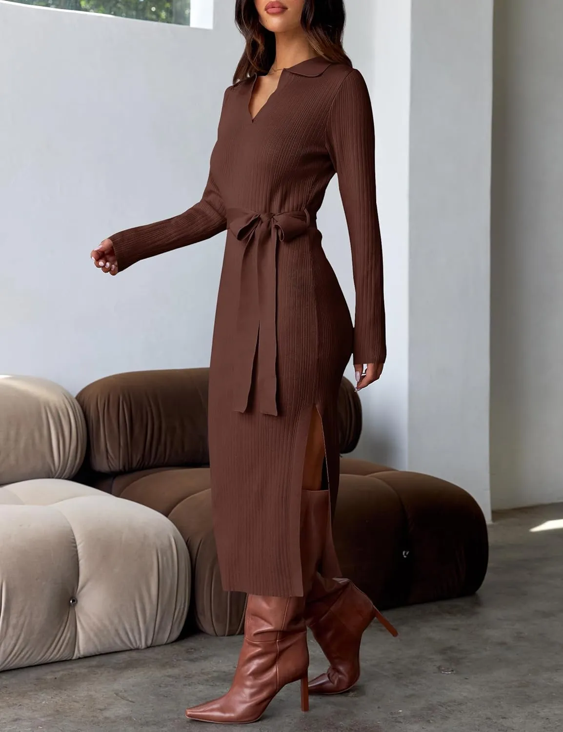 ZESICA Women's Spring Long Sleeve Sweater Dress Lapel V Neck Ribbed Knit Side Slit Bodycon Midi Dresses with Belt