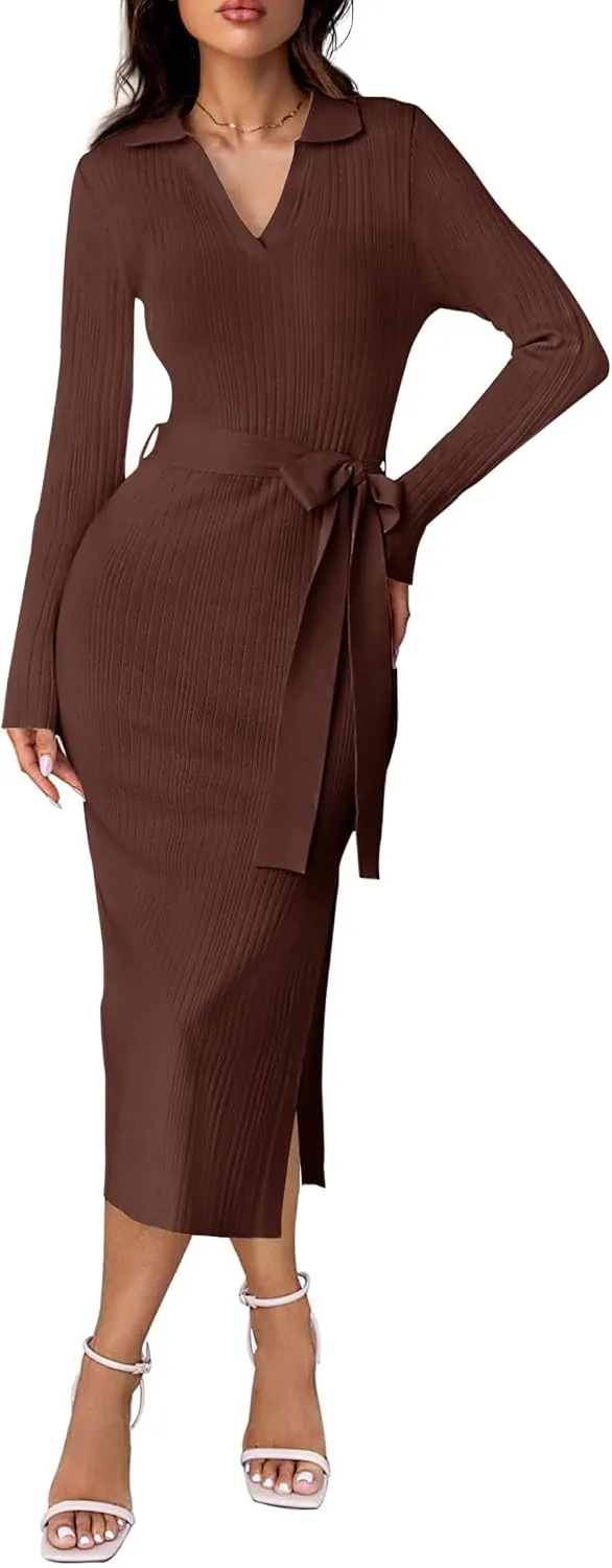 ZESICA Women's Spring Long Sleeve Sweater Dress Lapel V Neck Ribbed Knit Side Slit Bodycon Midi Dresses with Belt