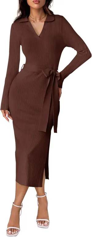 ZESICA Women's Spring Long Sleeve Sweater Dress Lapel V Neck Ribbed Knit Side Slit Bodycon Midi Dresses with Belt