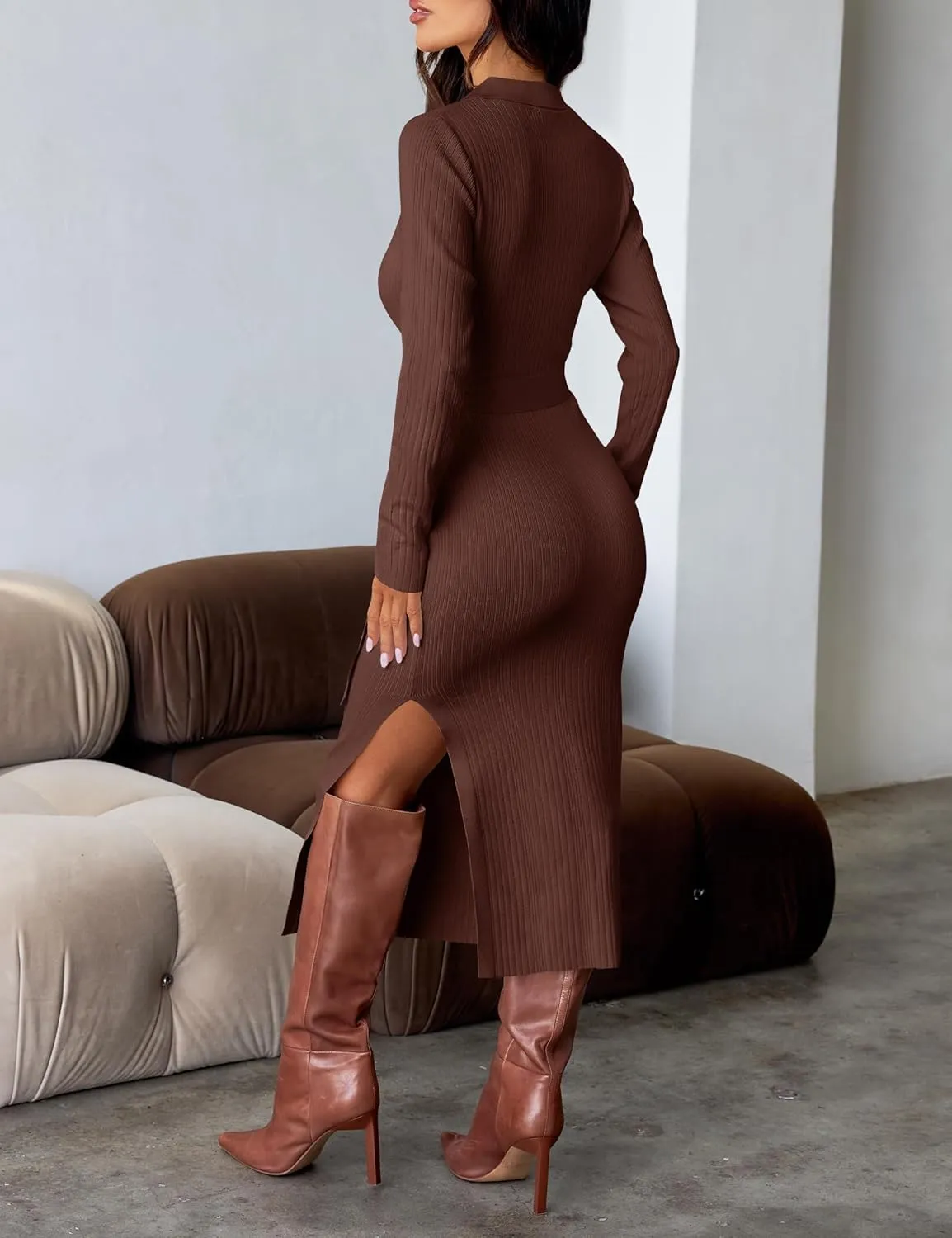 ZESICA Women's Spring Long Sleeve Sweater Dress Lapel V Neck Ribbed Knit Side Slit Bodycon Midi Dresses with Belt