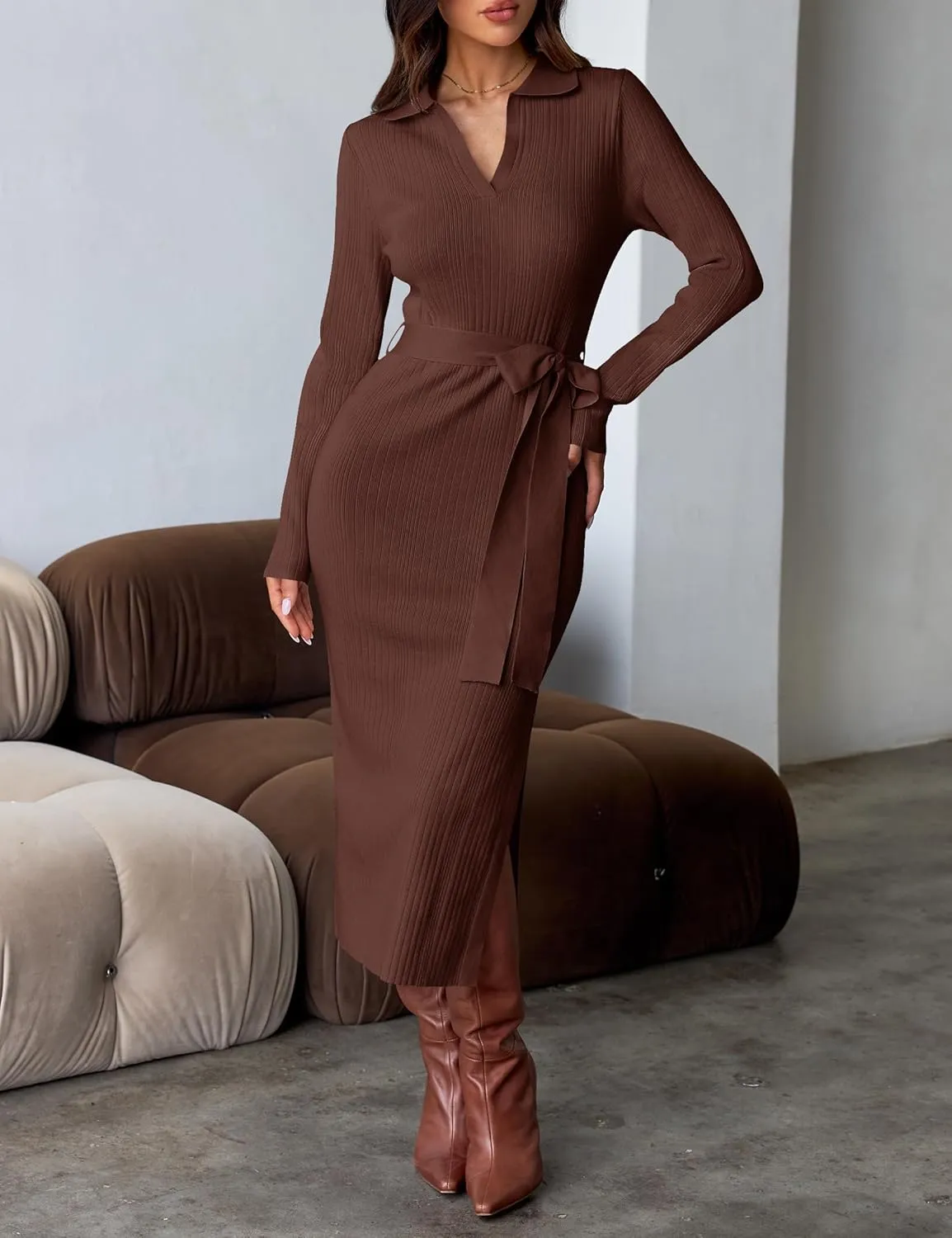 ZESICA Women's Spring Long Sleeve Sweater Dress Lapel V Neck Ribbed Knit Side Slit Bodycon Midi Dresses with Belt