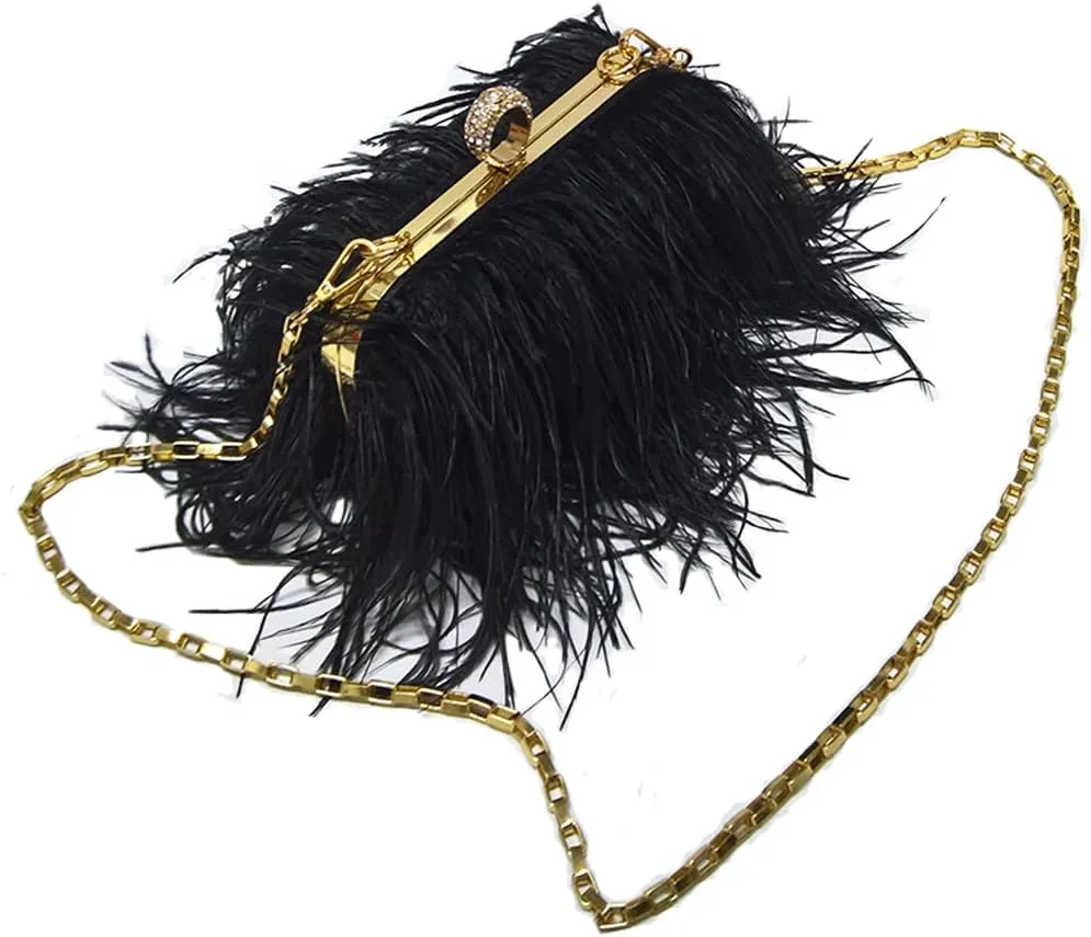 ZiMing Women Evening Bag Natural Ostrich Feather Evening Purse Handbags Ring Handle Clutch wihe Chain Strap Wedding Party