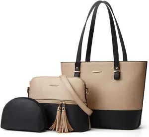 ZiMing Women Handbags Set Textured Leather Purses Tote Shoulder Bags Dome Satchel Bag with Tassel Small Clutch Wallet 3-Pcs
