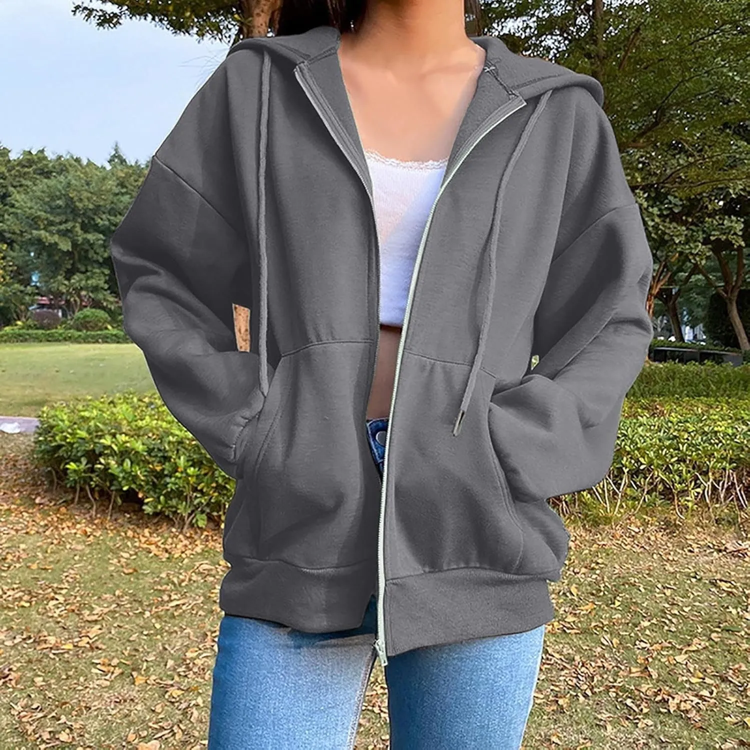 Zip Up Hoodie Women Oversized Cute Lightweight Jackets Trendy Hooded Sweatshirt Workout Fall Jacket with Pockets